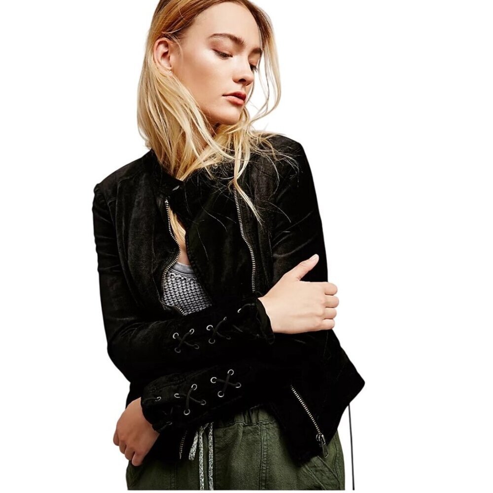 Free People Lacey velvet jacket Womens XS Black Moto Jacket Lace-Up Details